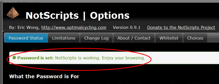 Part of the NotScripts option page, with password enabled